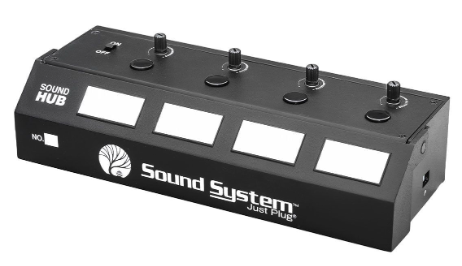 Sound System Just Plug Sound Hub multi-effects pedal unit in black with four white rectangular display windows and four footswitches on top, shown on a white background.