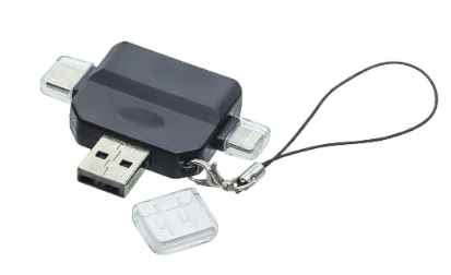 Black multi-connector USB flash drive adapter with clear plastic end caps and a black wrist strap, shown on a white background.