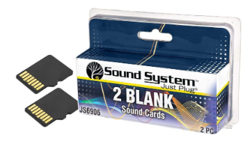 Two blank Sound System SD sound cards shown next to their retail blister packaging on a plain white background.
