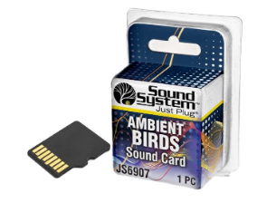 A Sound System ambient birds sound card shown next to its retail packaging on a plain white background.