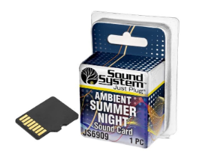 Sound System JS6909 Ambient Summer Night Sound Card in its retail blister packaging, with the black microSD card shown beside the box on a white background.