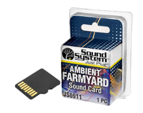 A Sound System ambient sound card shown with its retail blister packaging on a plain white background. The product is a small black microSD-style card with gold contacts, and the box is blue, white, and yellow.