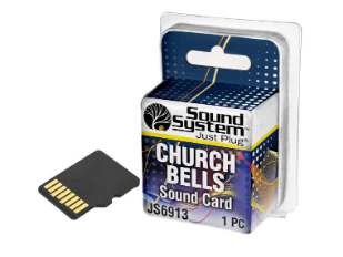 Sound System Church Bells Sound Card in its retail blister packaging, with one black sound card and gold contacts shown beside the box.