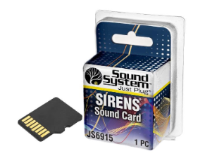 Sound System Sirens Sound Card JS6915, shown with its retail blister packaging and one loose black card with gold contacts on a white background.