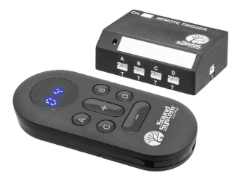 A black remote trigger device with a digital display and buttons, shown alongside its matching black remote control box on a white background.