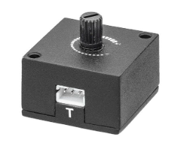 A black square electronic module with a threaded adjustment knob on top, a small white connector port on the front, and a white letter T printed below it, shown on a plain white background.