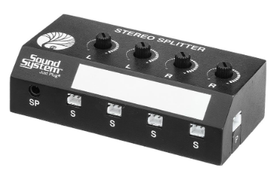 Sound System Stereo Splitter device in black plastic with four rotary knobs, labeled L and R, and four small switch slots marked S. The front also has a white display area and the Sound System logo.
