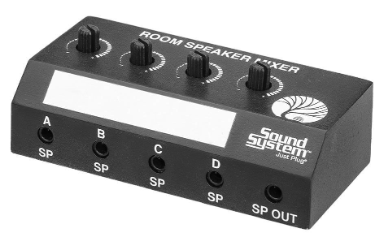 Sound System Just Plug Room Speaker Mixer device in black with four rotary knobs, four input jacks labeled A, B, C, D, and SP OUT, and a blank white display area on the front.
