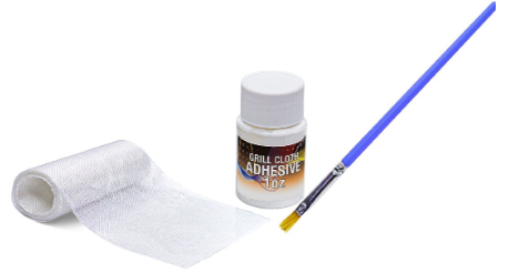 A drill cloth adhesive kit featuring a roll of white drill cloth, a small bottle of 'Drill Cloth Adhesive 107', and a blue-handled paintbrush on a white background.