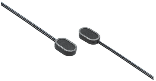 Two black oval-shaped magnetic components mounted on a thin black wire, shown against a plain white background.