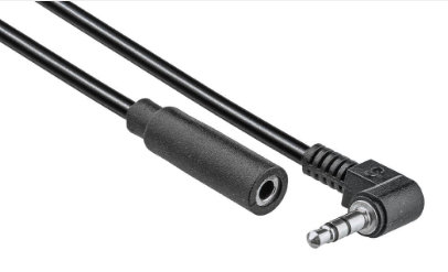 Black audio adapter cable with a straight female 3.5mm jack and a right-angle male 3.5mm plug on a white background.