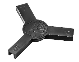 A black metal three-spoke wheel lock with a circular emblem in the center and letters T, P, and S on the respective arms, shown on a plain white background.