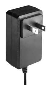 A black rectangular wall charger adapter with a two-prong plug and a black cord, shown on a plain white background.