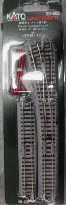 Kato Unitrack 20-220 4-piece model train track set in its original blister packaging, featuring gray plastic rails with black ties and red wire connectors.