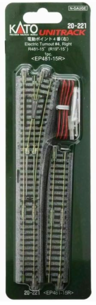 Kato Unitrack 20-221 Electric Turnout 4th Right model train track section in its original blister packaging, featuring two gray track ties with black and red binding wires.