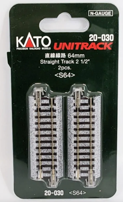 Packaging for KATO 20-030 64mm Straight Track, showing the product through a clear plastic window, with green background and branding details.