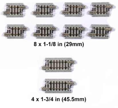 Two sets of model train track pieces, one labeled 1-1/8 inch and the other 1-3/4 inch, against a white background. Each set contains several pieces, with dimensions provided for each size.