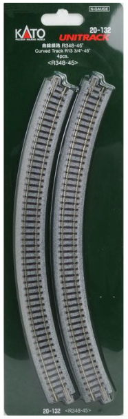 Packaging of KATO model train track accessory, featuring a curved section with multiple rails.