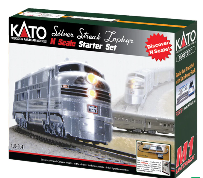 Kato Silver Streak Zephyr Freight Train Set packaging, featuring an image of the silver and gray toy train with multiple cars and a locomotive, along with track and a power pack.