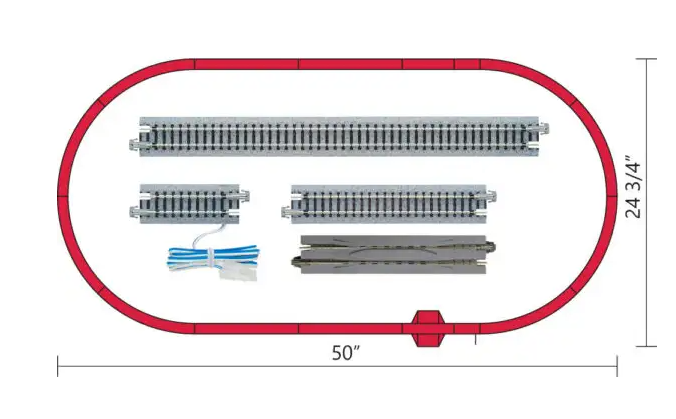 Top-down schematic showing a model train track layout with a red oval track, multiple gray track sections, a blue tie wire bundle, and dimension labels indicating 50 inches wide and 24 3/4 inches high.