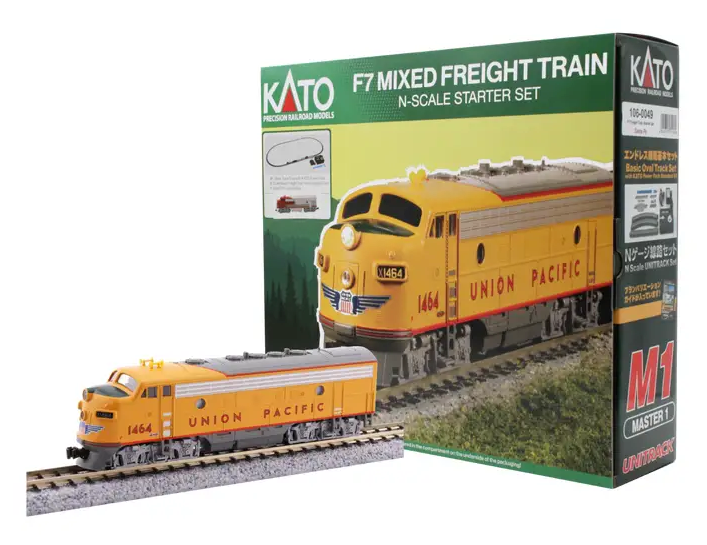 Kato F7 Mixed Freight Train N-scale starter set shown with the model train on a track and the retail box behind it on a white background.