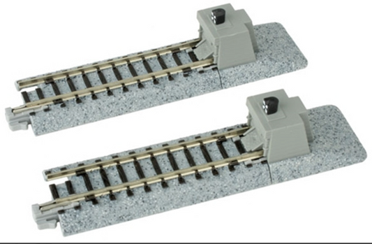 Two gray unitrack straight tracks with bumper type 'A' for model trains.