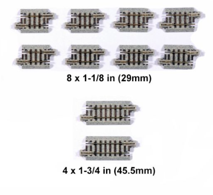 Eight model train tracks laid out on a surface, with two different sizes shown, 1-1/8 in and 1-3/4 in, with a label indicating the product's scale.