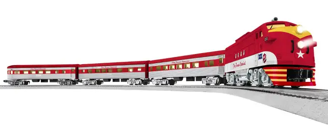 Model train set with red and silver locomotive on a white background