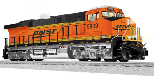 Model train locomotive with BNSF logo on a white background