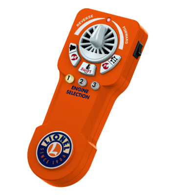 Orange remote control with brand logo on a white background