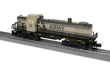 Model train with 'Army' branding on a track