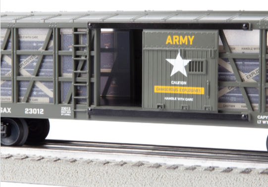 Model train car with 'Army' and star emblem on a track