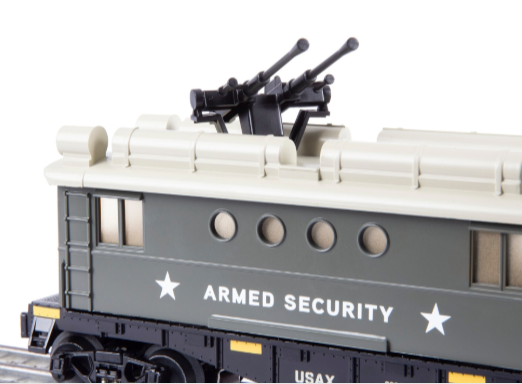 Toy train car labeled 'Armed Security' with a gun on top, on a white background