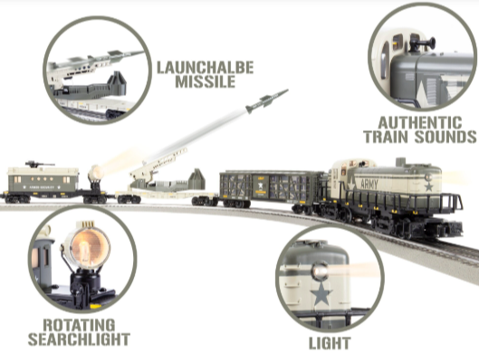 Toy train set with missile launch feature and sound effects on a white background