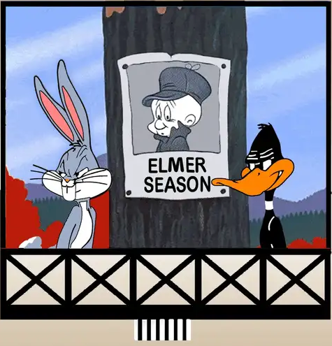 Cartoon characters Bugs Bunny and Daffy Duck standing next to a tree with a sign reading 'Elmer Season'.