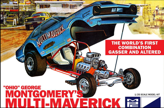 Model kit box for 'Ohio' George Montgomery's Multi-Maverick with racing car illustration.