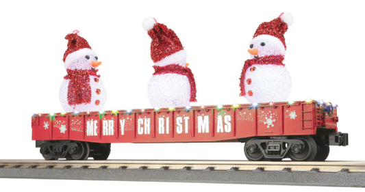 Christmas-themed toy train car with snowmen on a white background