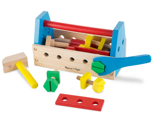 Colorful wooden tool set with tools and accessories on a white background