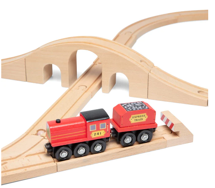 Wooden train set with a red engine and cargo car on tracks