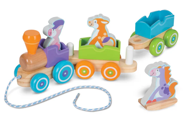 Colorful wooden toy train set with animal figures on a white background