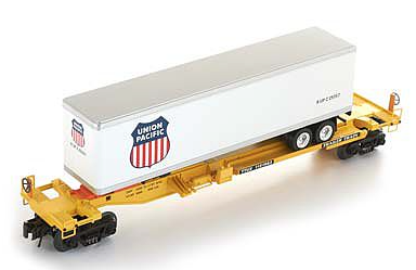 BACHMANN O Scale Williams Front Runner Intermodal Train Car with a Union Pacific trailer, predominantly white and yellow in color with the BACHMANN logo on the side.