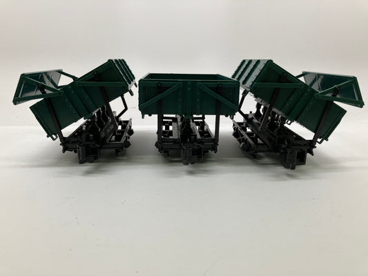 Set of three green dump ore carts g scale plastic wheels