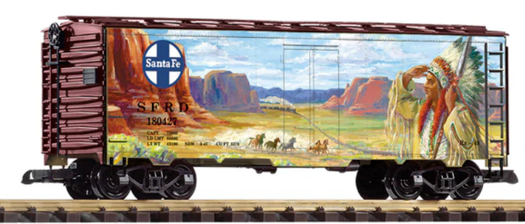 Model train car with scenic and branding details on a track