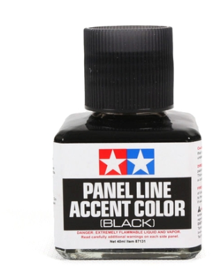 Bottle of Tamiya Panel Line Accent Color Black on a white background