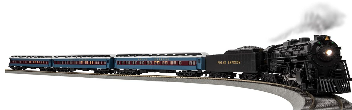 A model steam locomotive train with a black tender and dark blue passenger cars, shown on a curved track against a plain white background.