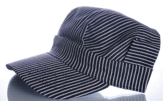 A black and white striped cotton hat with an elastic closure.