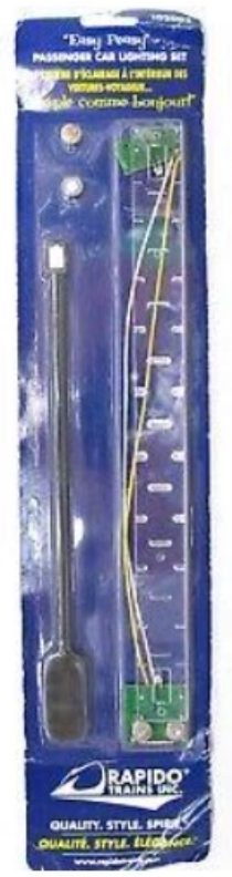 Rapido Trains model train lightening set packaging with tools on a blue background