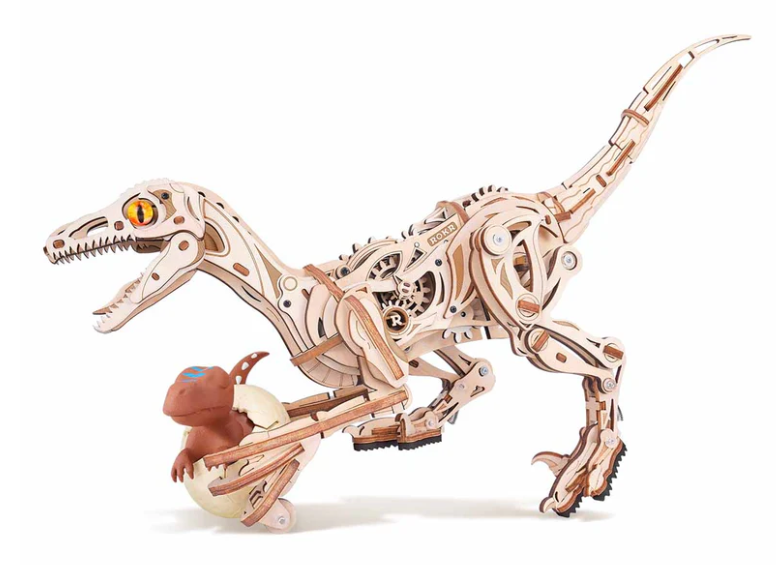 Wooden dinosaur model with mechanical design on a white background