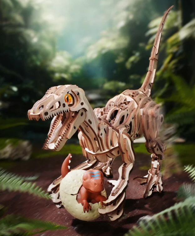 Wooden dinosaur skeleton model with a baby dinosaur emerging from an egg, set against a jungle background.