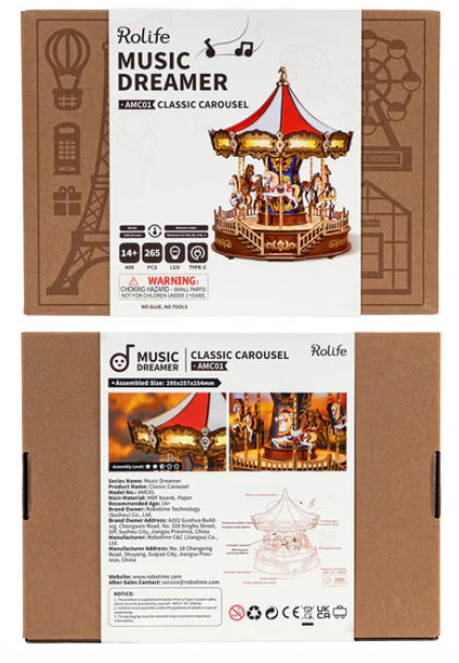 Rolife Music Dreamer Classic Carousel packaging with images and text on a white background